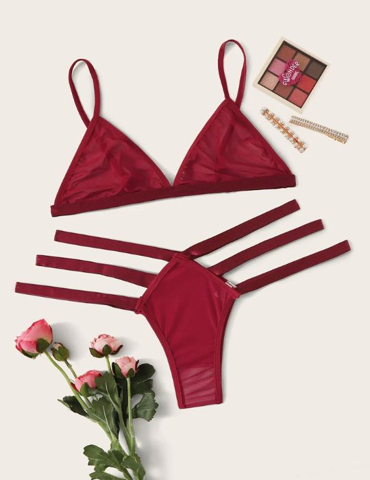 Red Sheer Net Bra & Panty Set – Women’s Strappy Lingerie for Special Nights